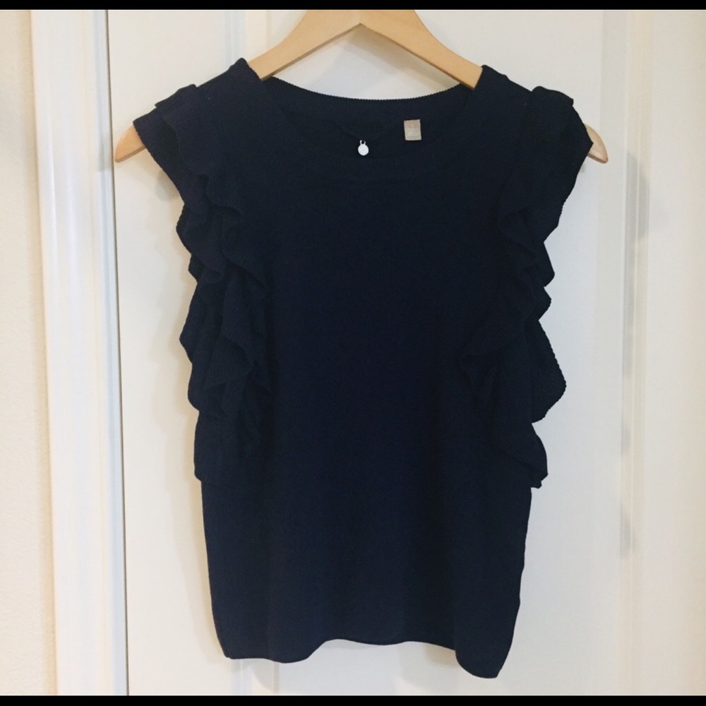 Anthropologie Navy Ruffle Knit Sleeveless Sweater